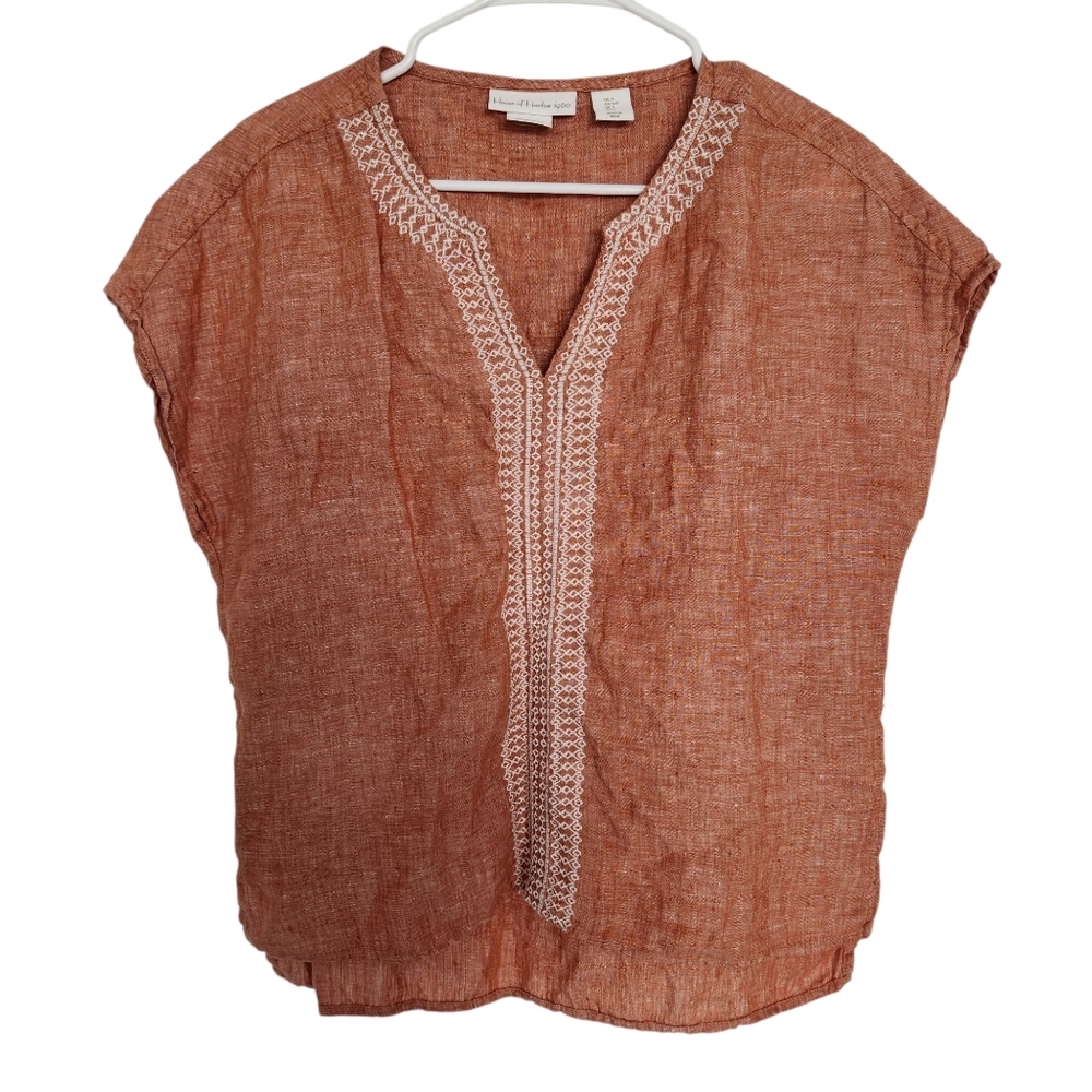 House of Harlow 1960 Terracotta Embroidered V-Neck Linen-Blend Top
